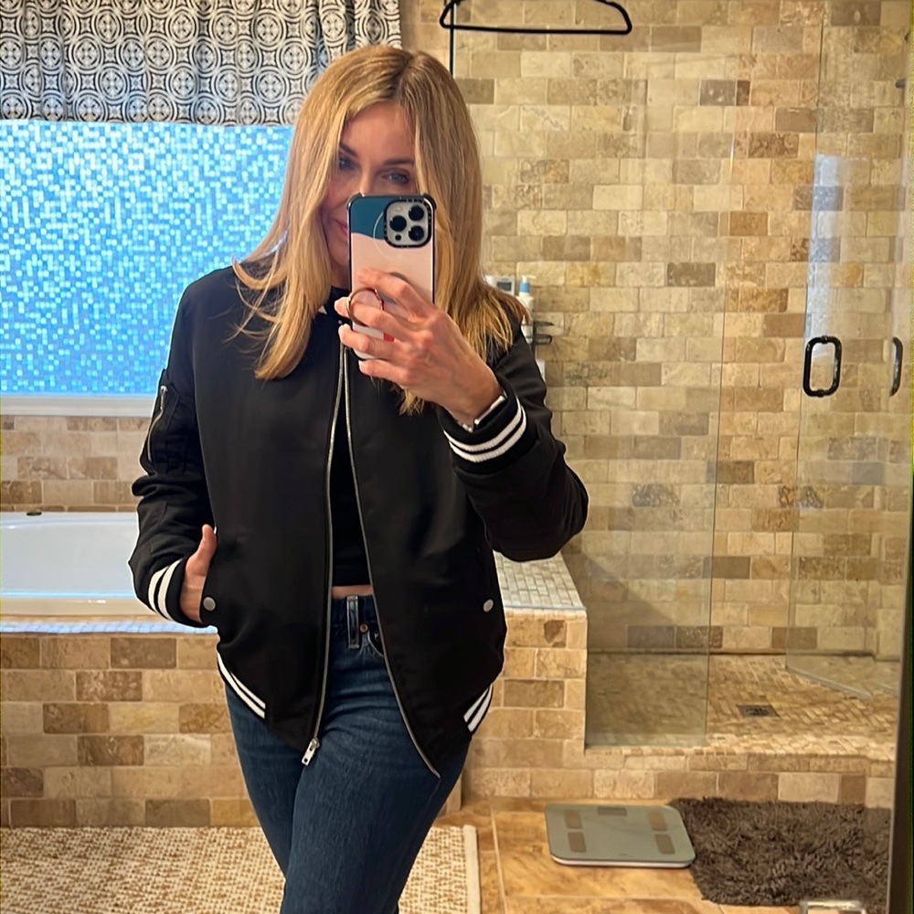 Cute "BSweet" black bomber jacket with white trim. Size L